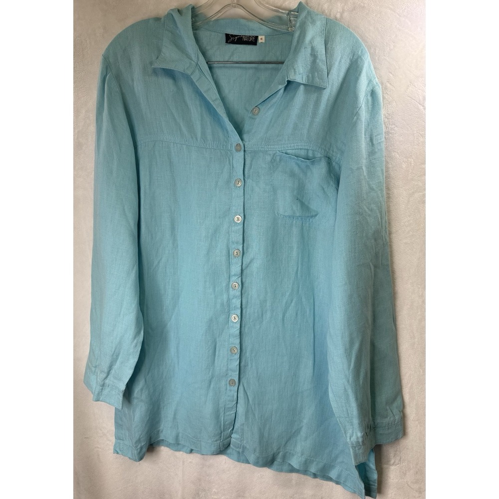 Signature Linen Button Up Shirt Women Large Pale Turquoise Long Sleeve Tunic Top